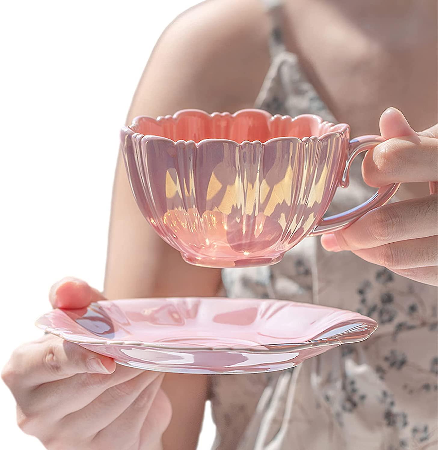 Porcelain Coffee Mugs Flower Shaped Tea Cup And Saucer Set For Housewarming Gift Home Decor (pink)