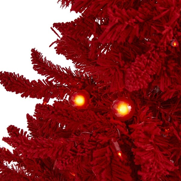 4' Red Flocked Fraser Fir Artificial Christmas Tree with 100 Red Lights，14 Globe Bulbs and 270 Bendable Branches