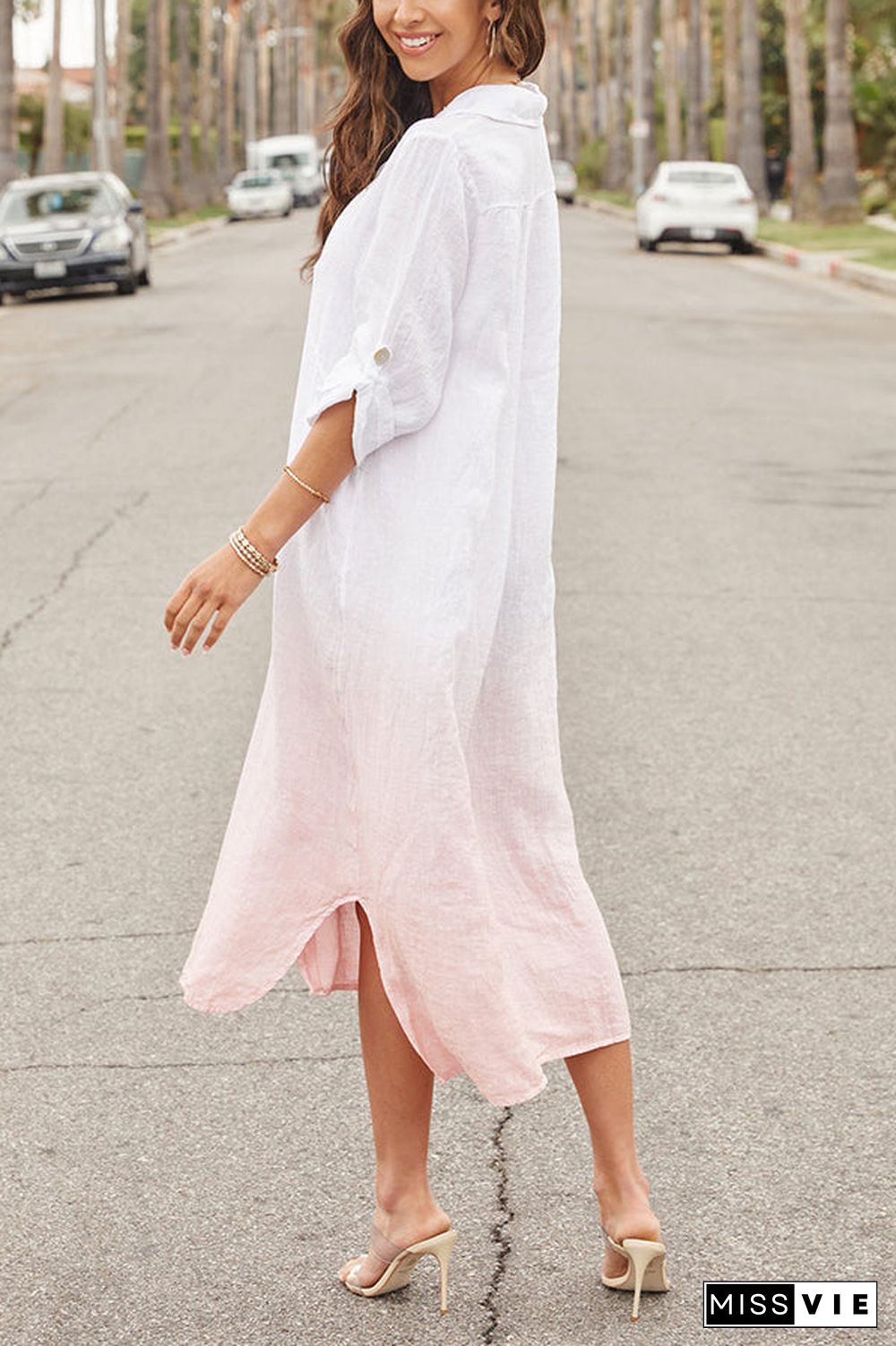 Gradient Turndown Collar Button Shirt Maxi Dress