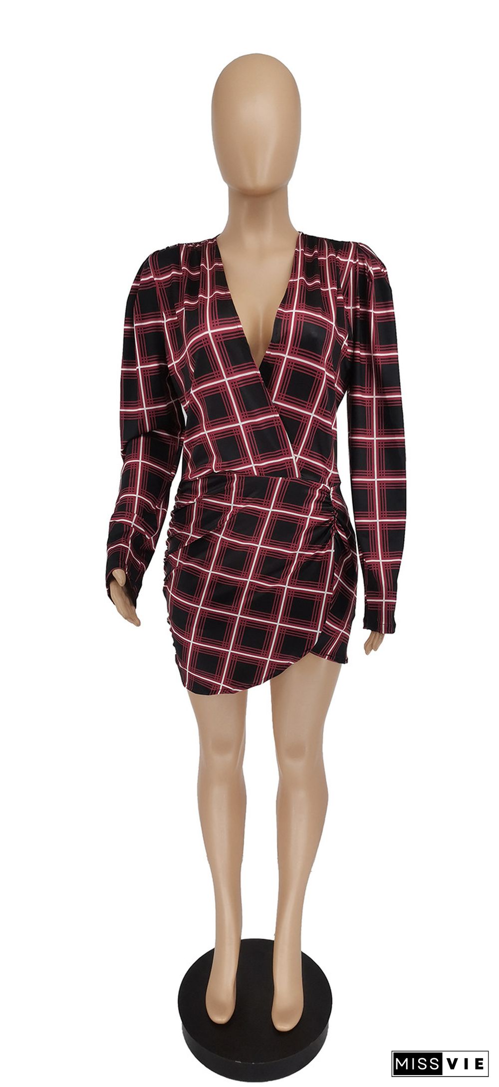 Women Sexy Deep V Neck Long Sleeve Sheath Plaid Dress