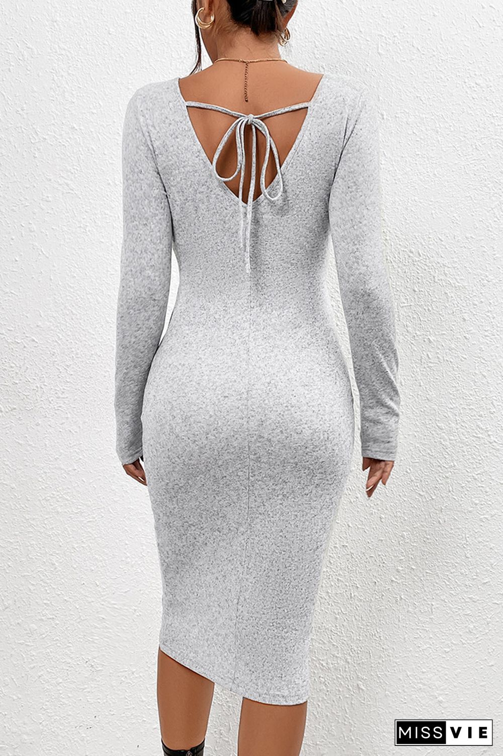 Grey V Neck Smocked Split Bodycon Dress