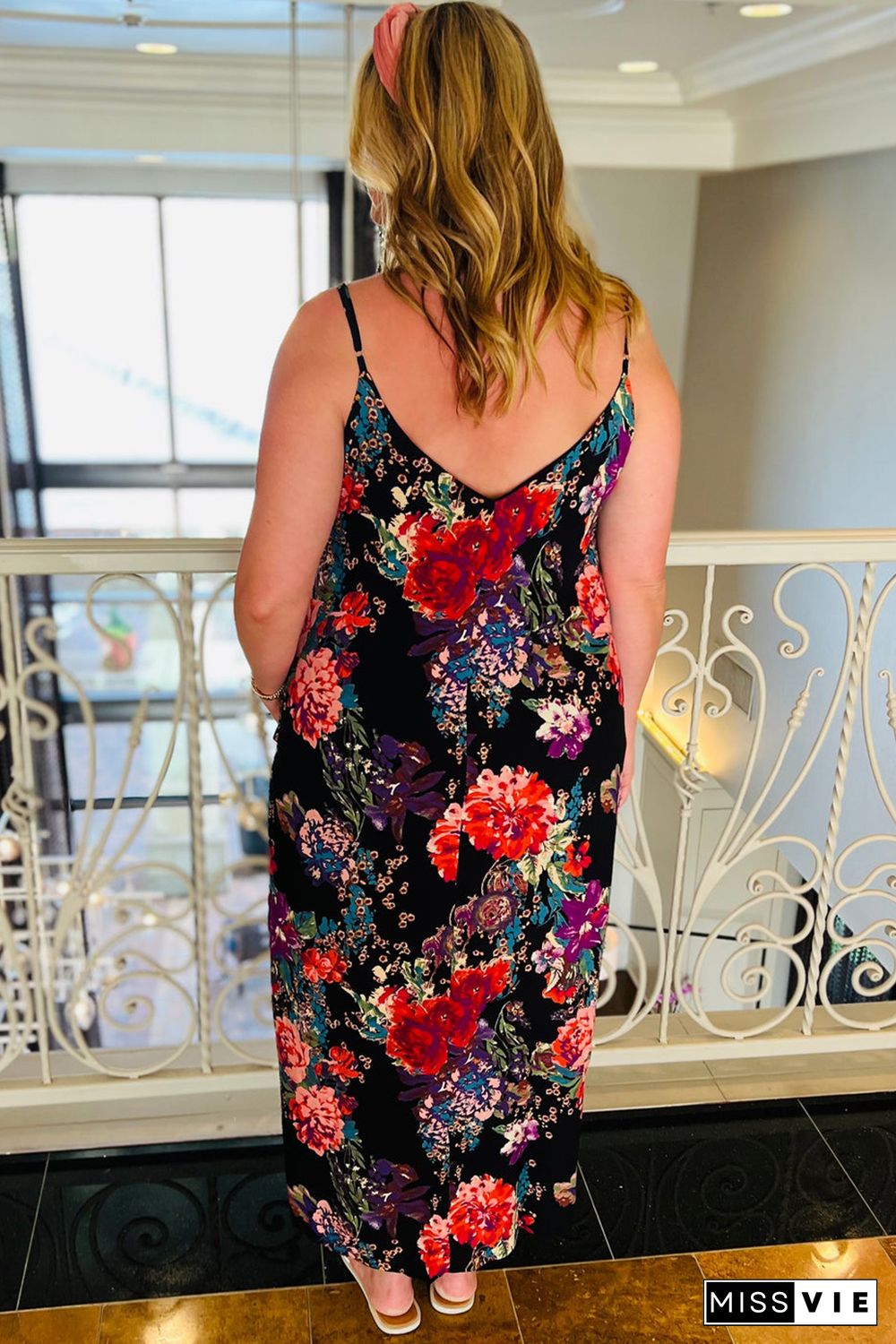 Black Plus Size Floral Print Thin Straps Maxi Dress