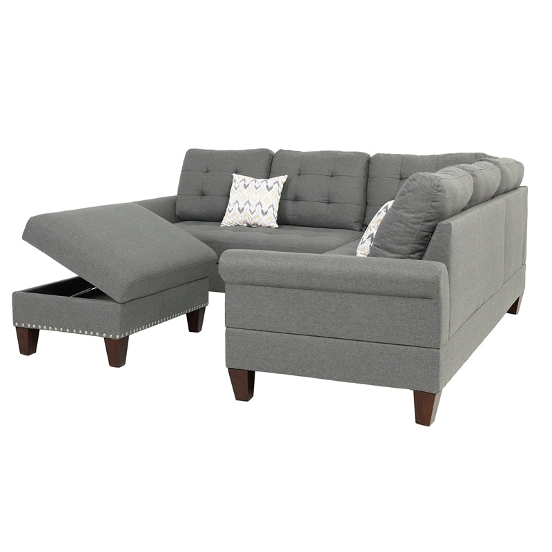 Poundex 3 Piece Fabric Sectional Sofa Set with Storage Ottoman in Gray