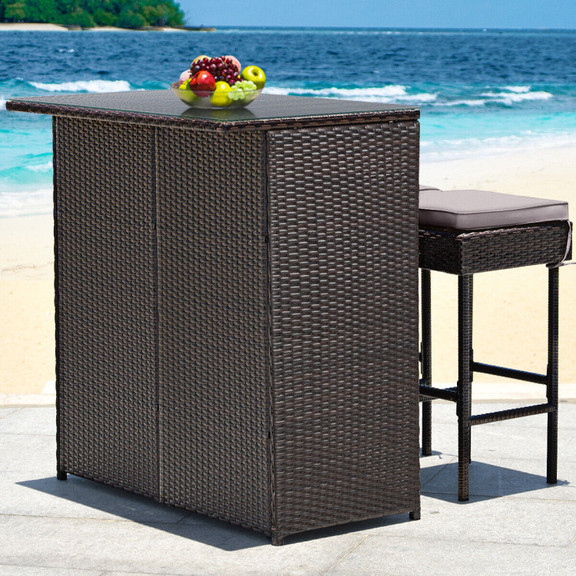 Costway 21389405 3PCS Patio Rattan Wicker Bar Tabl...