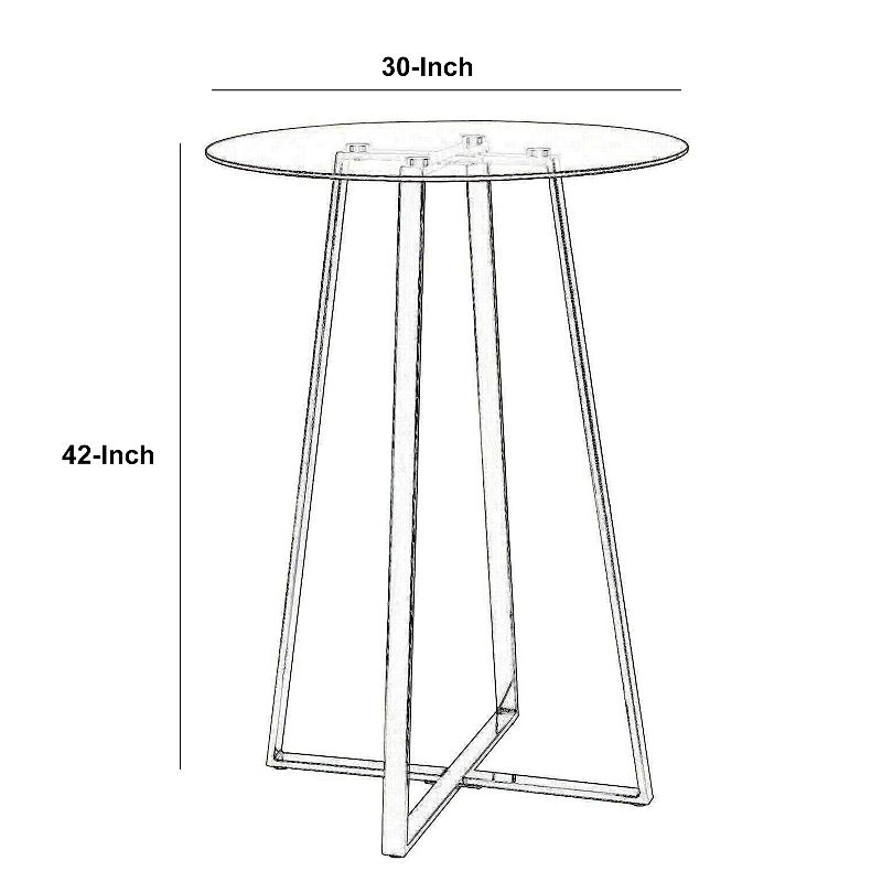 Round Glass Top Metal Frame Bar Table with Angled Legs， Silver and Clear