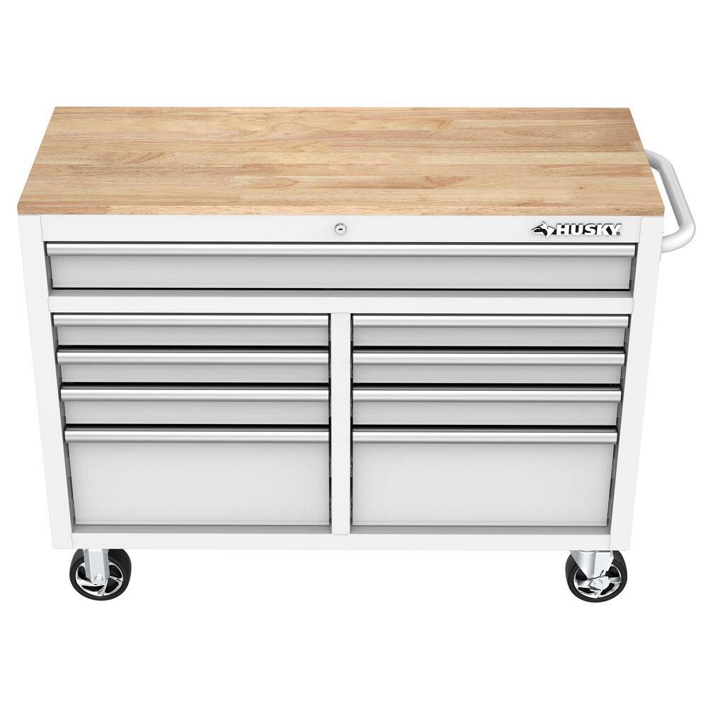 Husky 46 in. W x 18 in. D 9-Drawer Gloss White Mobile Workbench Cabinet with Solid Wood Top H46X18MWC9WHT