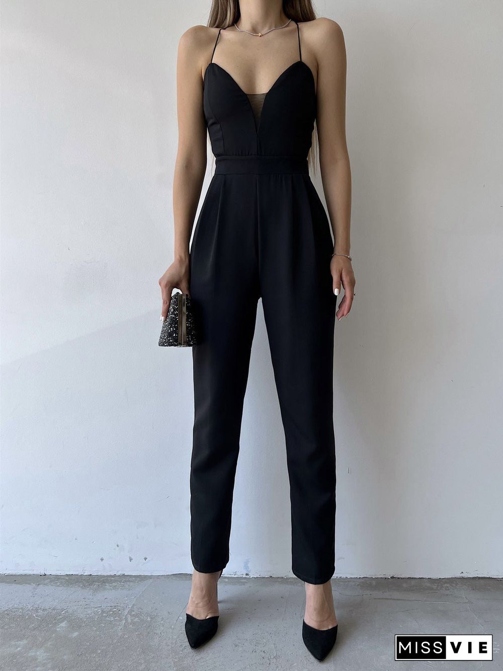 Women'S Jumpsuits Sling V-Neck Open Back Slim Fit Jumpsuit