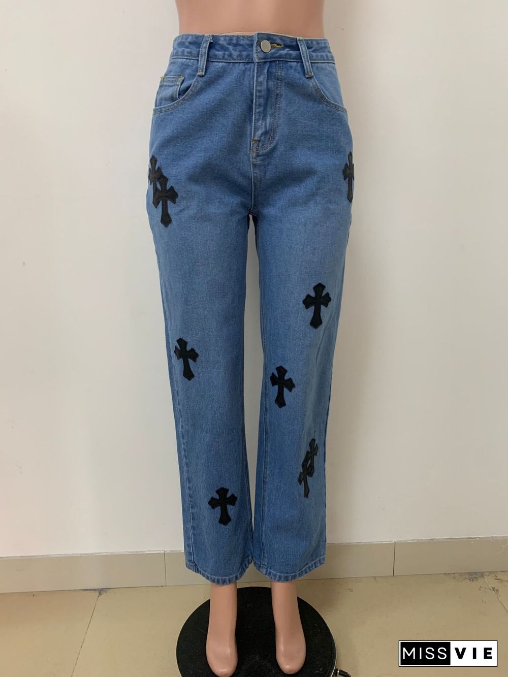 Zipper Embroidery Straight Jeans