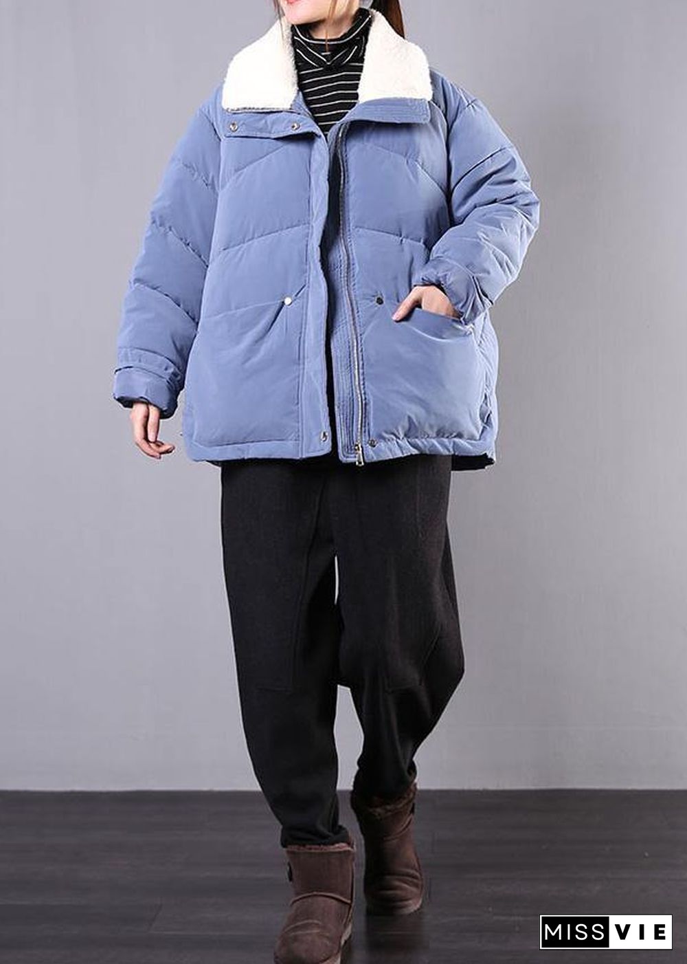 Elegant blue Parkas for women Loose fitting winter jacket lapel pockets zippered overcoat