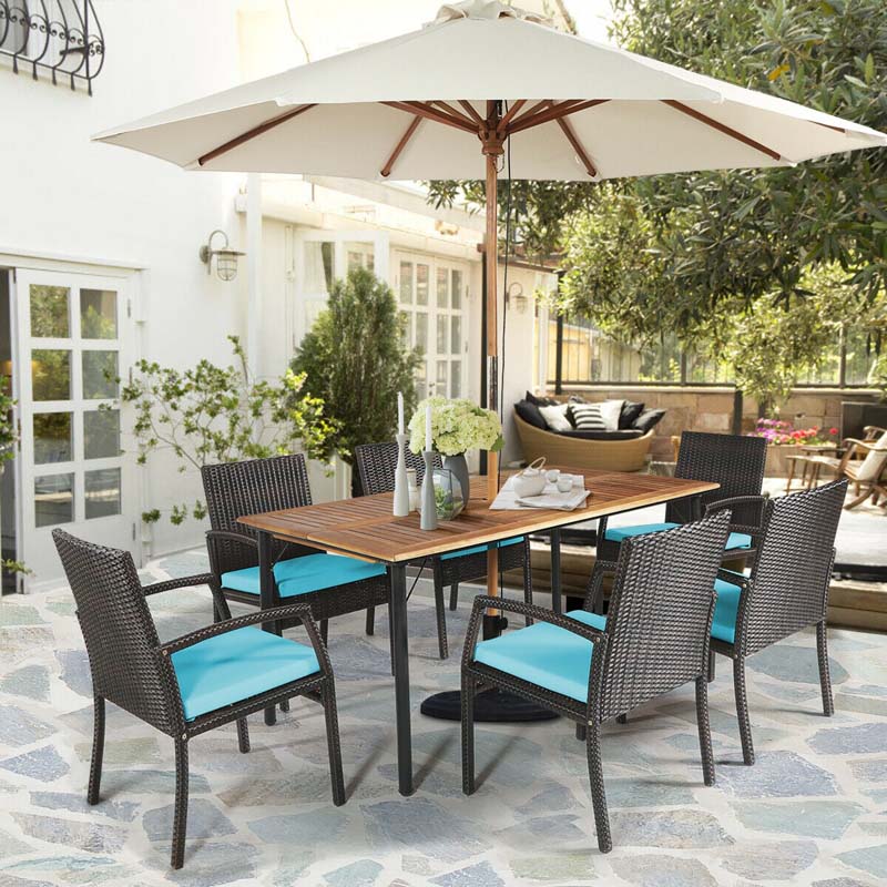 7 Pcs Rattan Patio Dining Set with Umbrella Hole, Acacia Wood Tabletop, Cushioned Chairs