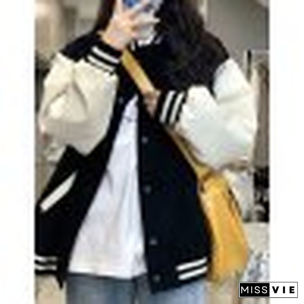 Contrast Toweling Letter Embroidered Varsity Jacket