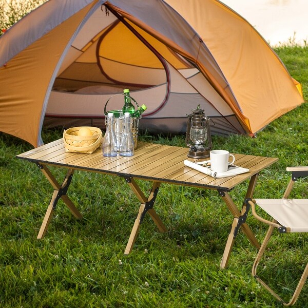 Outsunny 4ft Aluminum Camping Table，Folding RollUp Picnic Table with Carry Bag，Waterproof and Woodgrain Finish