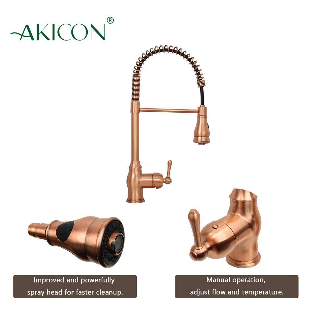 Akicon Single-Handle Pre-Rinse Spring Pull-Down Sprayer Kitchen Faucet in Copper AK518C