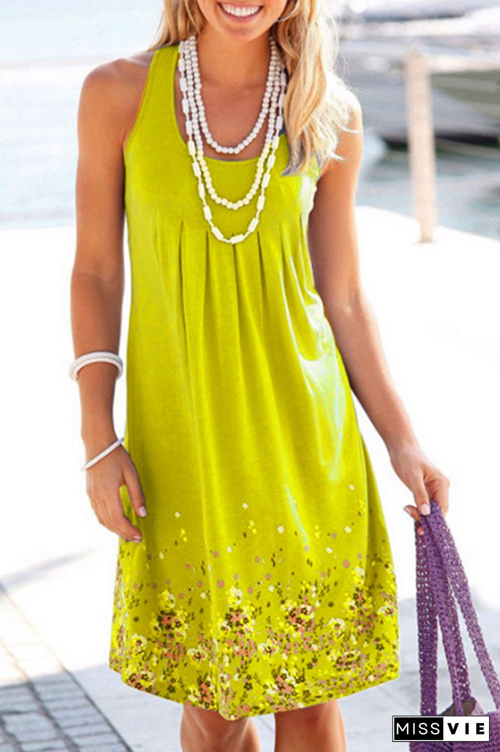 Floral Print Sleeveless Pleated Dress