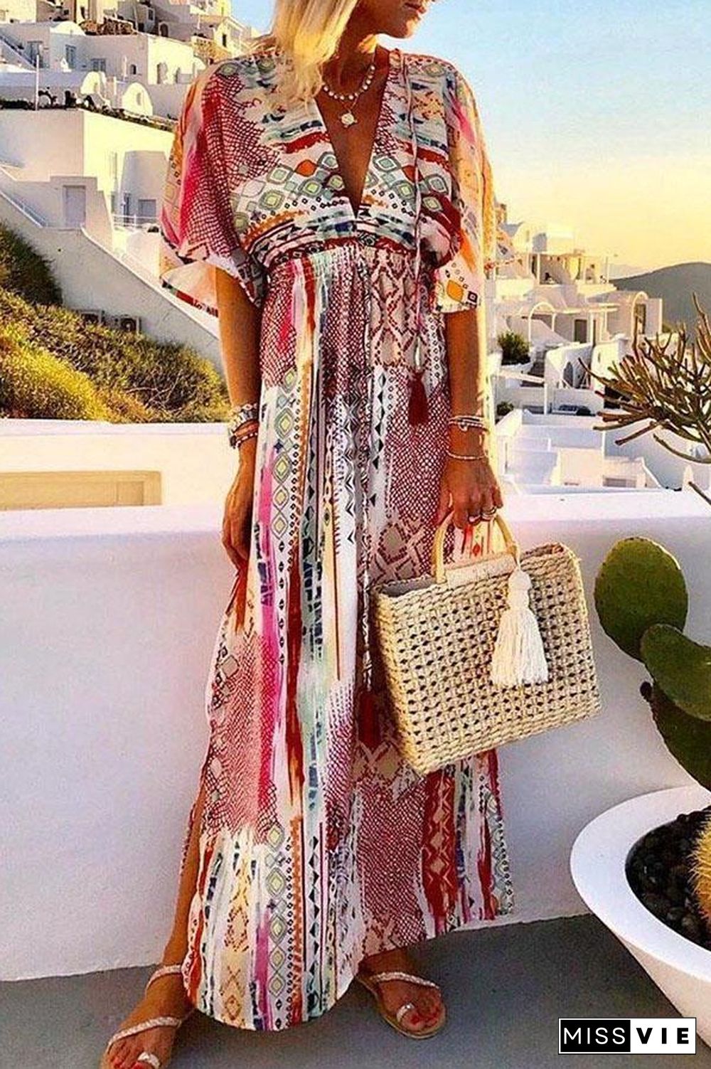 Bohemian Print Plunging Neck Maxi Slit Dress