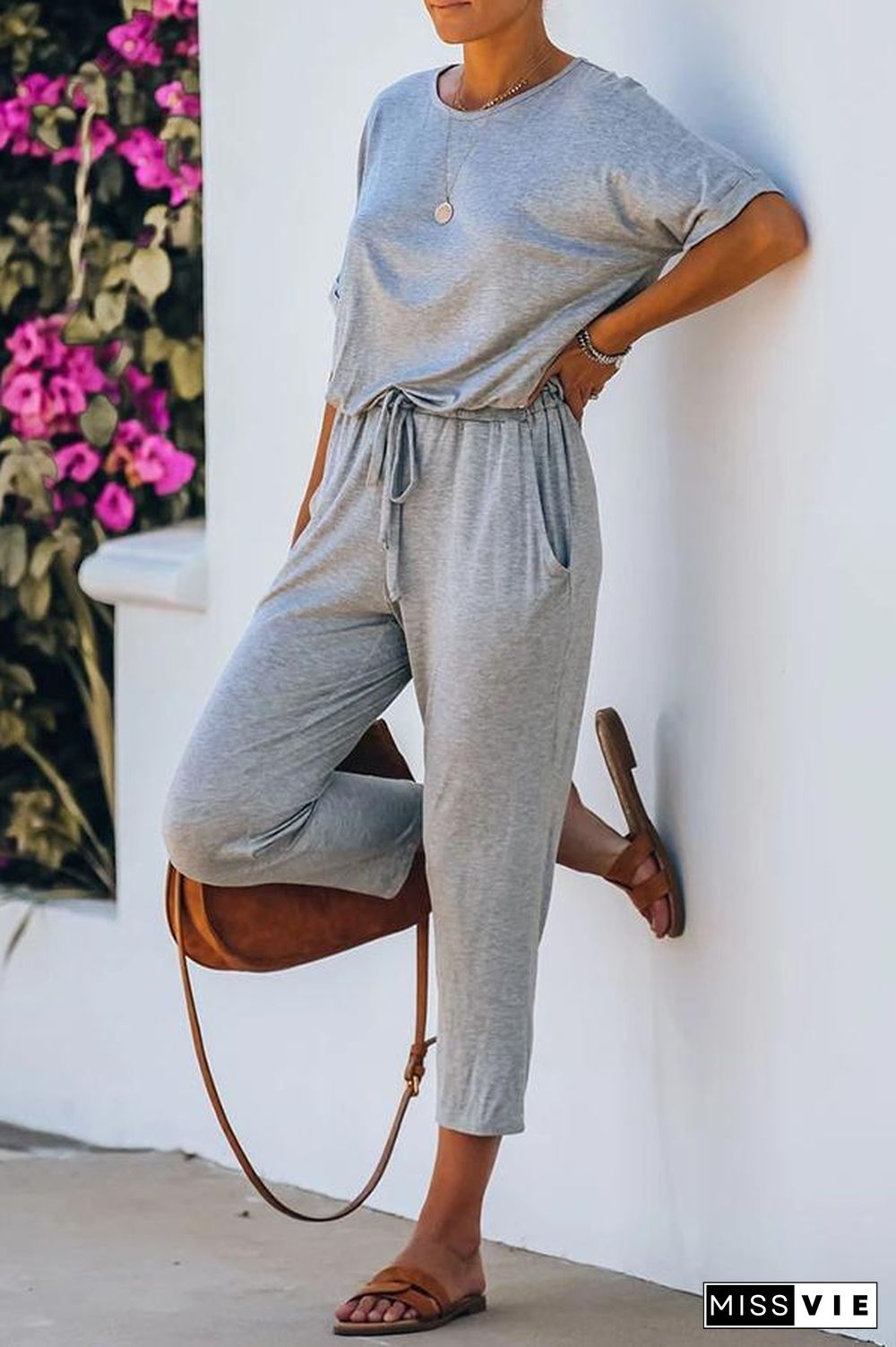 Short Sleeve Round Neck Casual Jumpsuit P14775