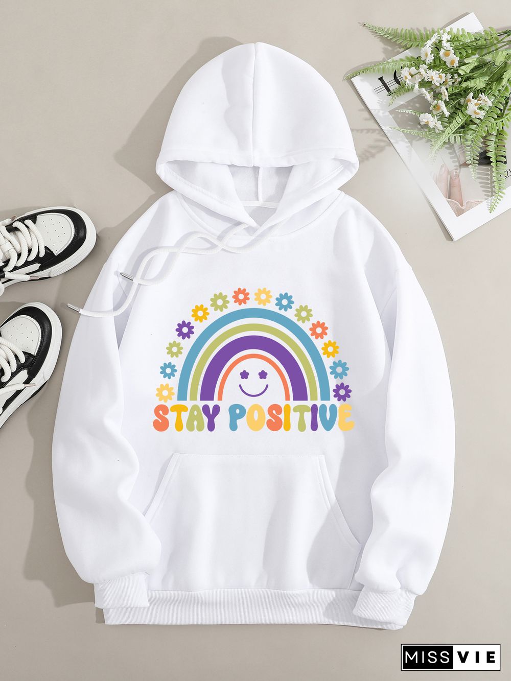 Printed on front Kangaroo Pocket Hoodie Long Sleeve for Women Pattern stay positive