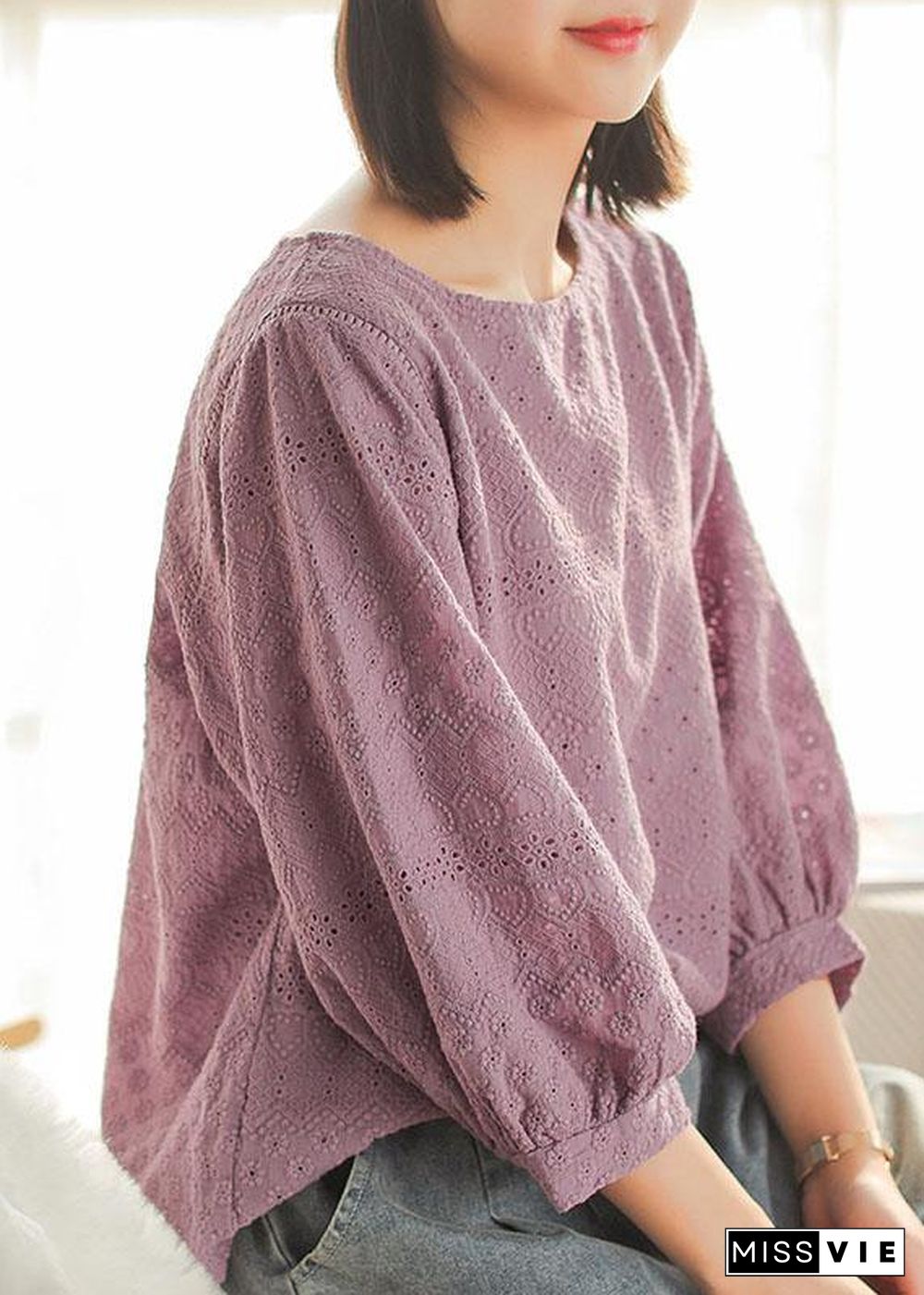 Women Purple Embroideried Lantern sleeve Asymmetrical design Cotton Blouse Top Summer