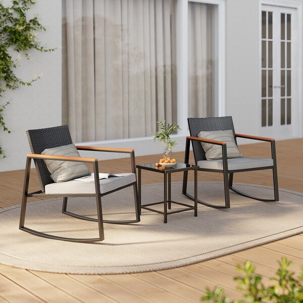 3 Piece Rocking Patio Bistro Set Wicker，Rocking Chair Pub Set with Glass Table