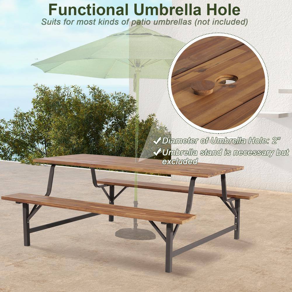 HONEY JOY 71 in. Wood Outdoor Picnic Table Bench Set Camping Table Set with Wood Tabletop and Seat 2 in. Umbrella Hole TOPB006624