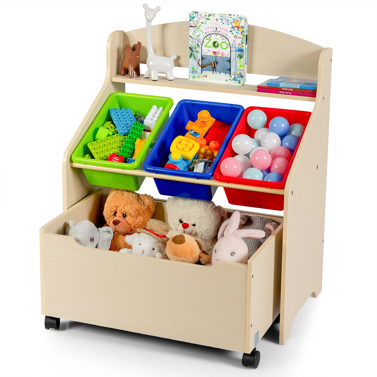 Costzon Kids Toy Storage Organizer Cabinet with Rolling Casters, Removable Book Shelf for Kids, Furniture Set