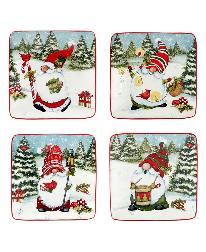 Certified International Christmas Gnomes 6 Canape Plates Set of 4 Service for 4