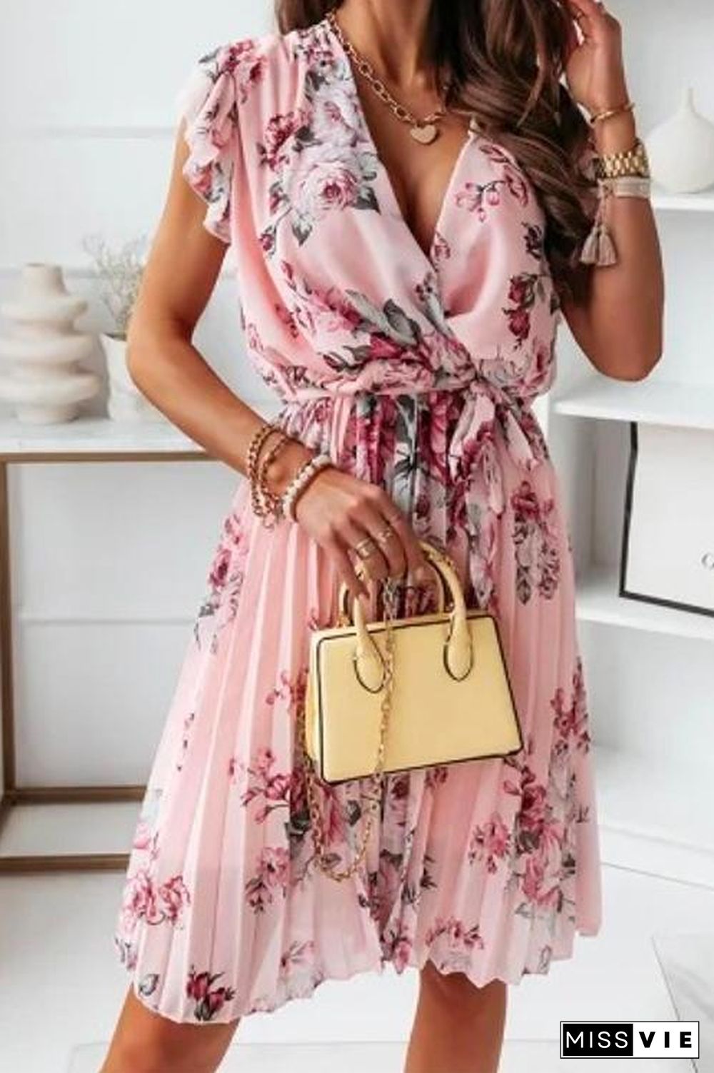 V Neck Ruffle Sleeve Pleated Floral Dress