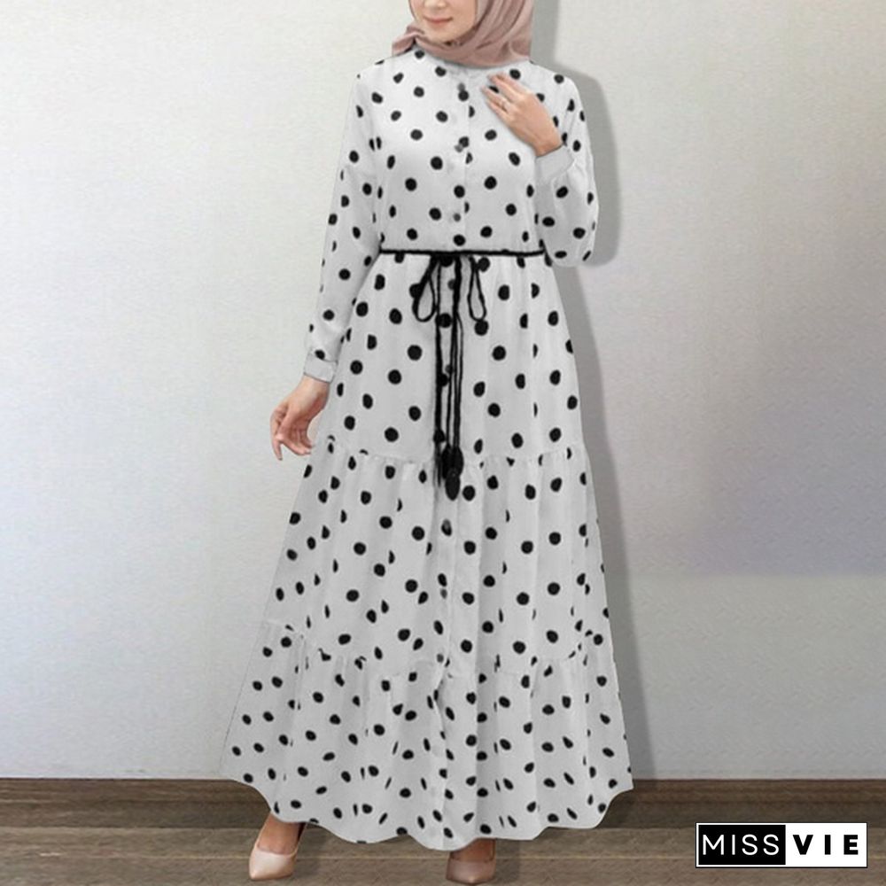 Zanzea Women Muslim Full Sleeve Polka Dots Plus Size Belted Dresses Kaftan Abaya Long Dress