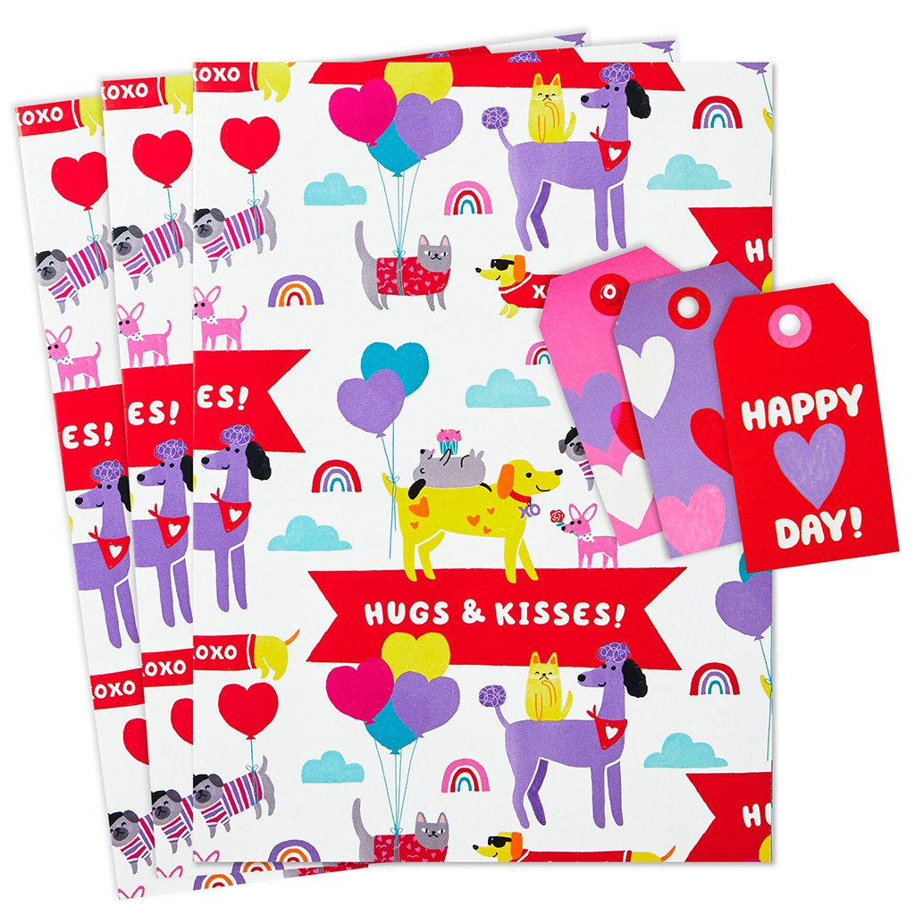 Hallmark  Hugs & Kisses Pets Flat Wrapping Paper With Gift Tags, 3 sheets