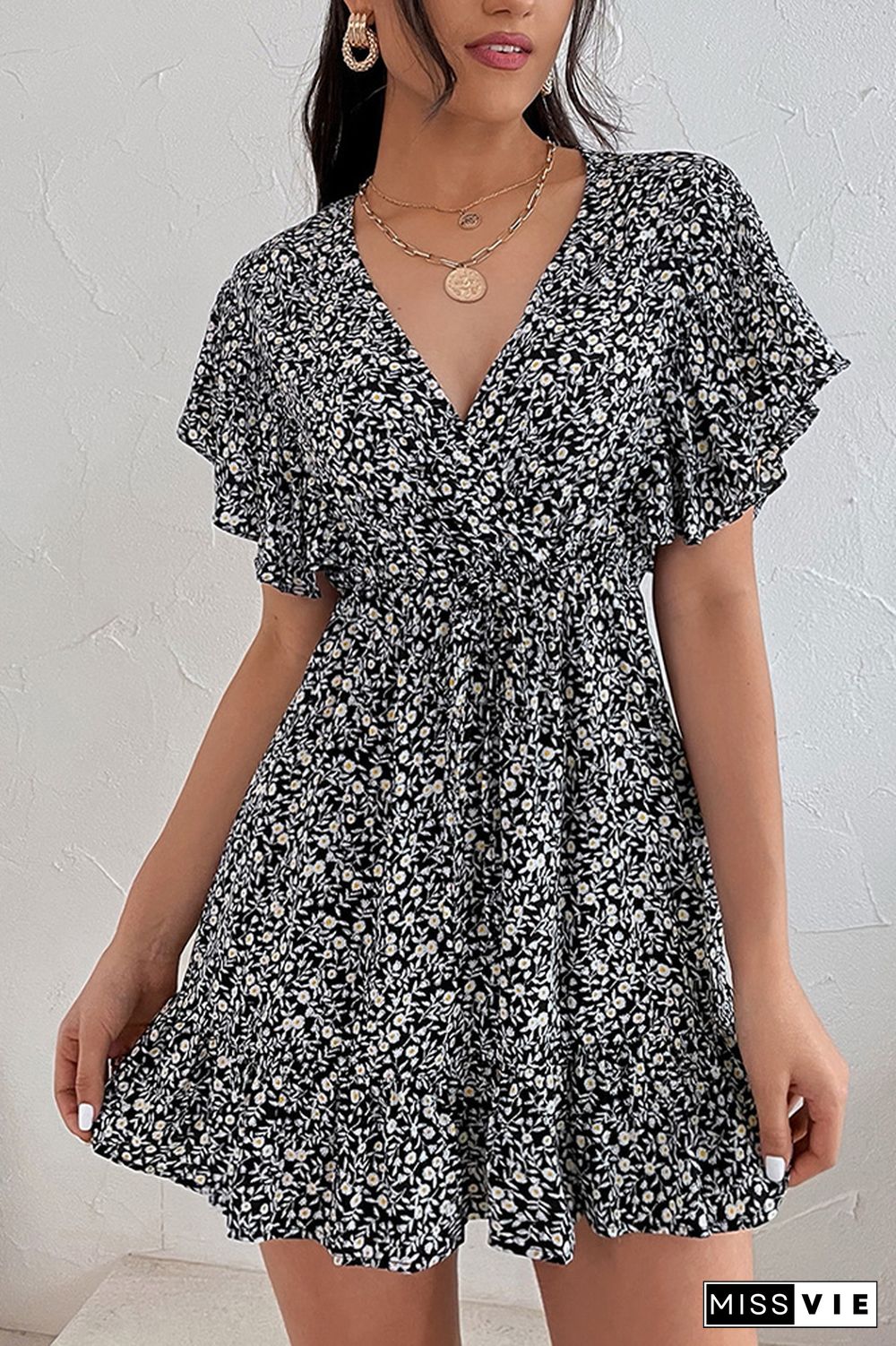 Floral Print Ruffle Sleeve Deep V Neck High Waist Dress Wholesale