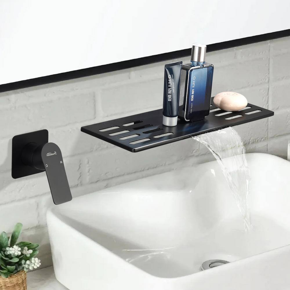 Satico Single Handle Wall Mounted Faucet Waterfall Widespread Bathroom Sink Faucet with Leaks in Matte Black SYB111246