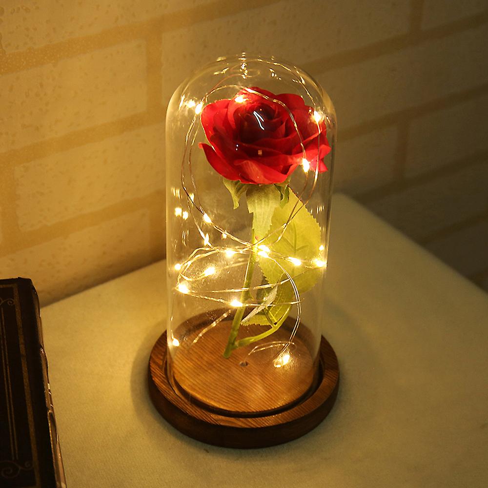 Led Rose Flower String Fairy Light Bottle Night Lamp Romantic Wedding Decor Glass Cover Wood Base For Christmas Birthday Gift Brown