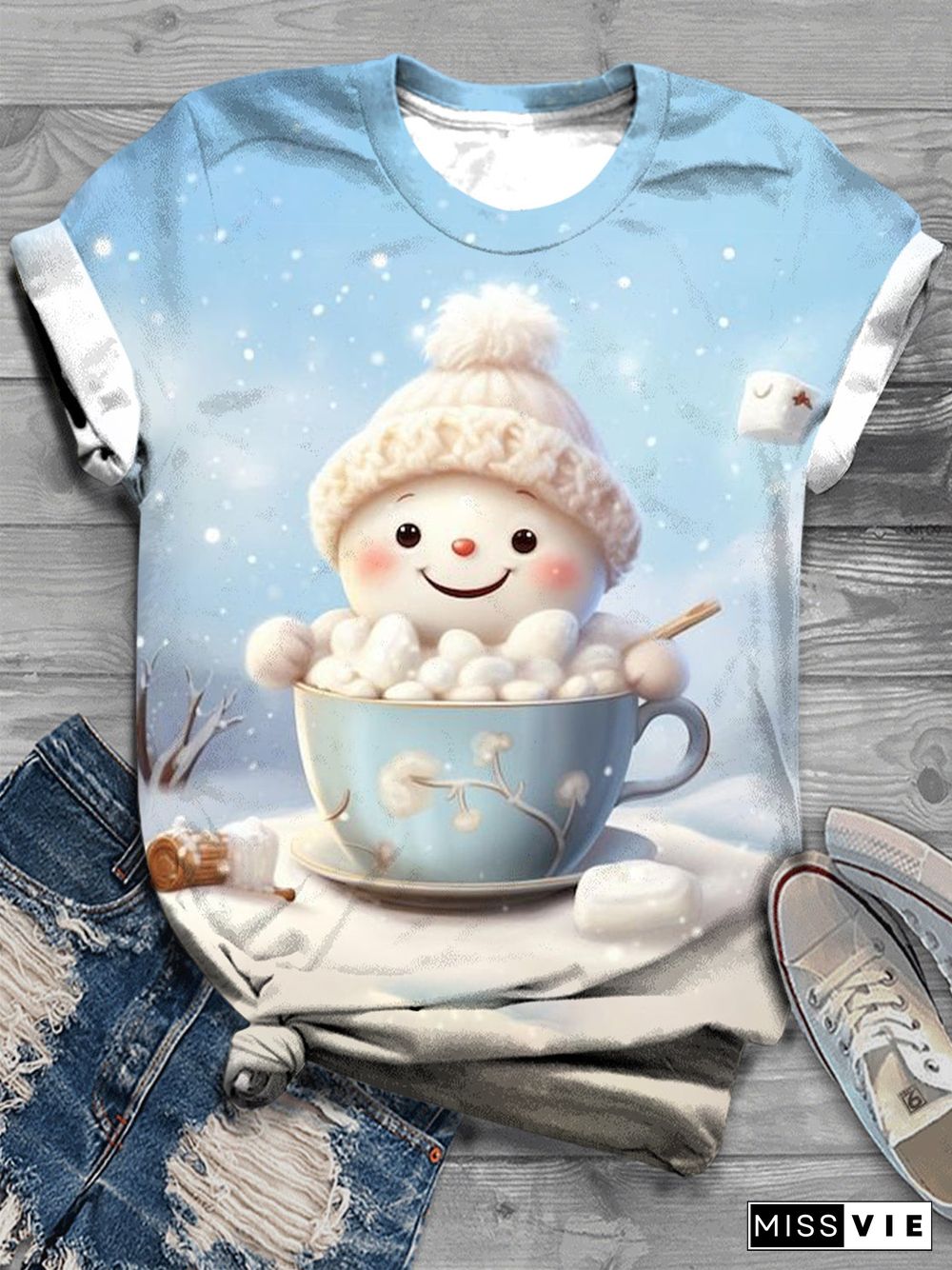 Women's Cute Winter Snowman Print Crew Neck T-Shirt