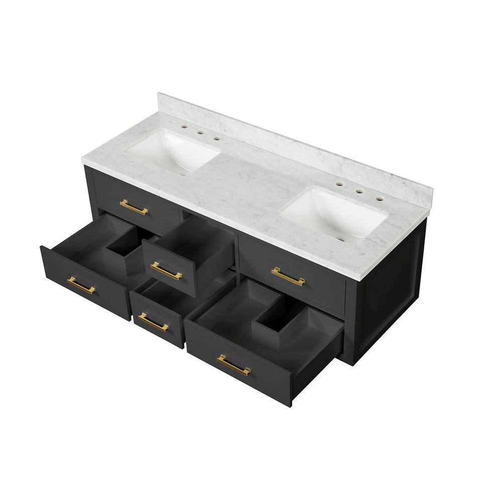 Lexora Sherman 60 in W x 22 in D Black Double Bath Vanity and Carrara Marble Top LVSH60DL100