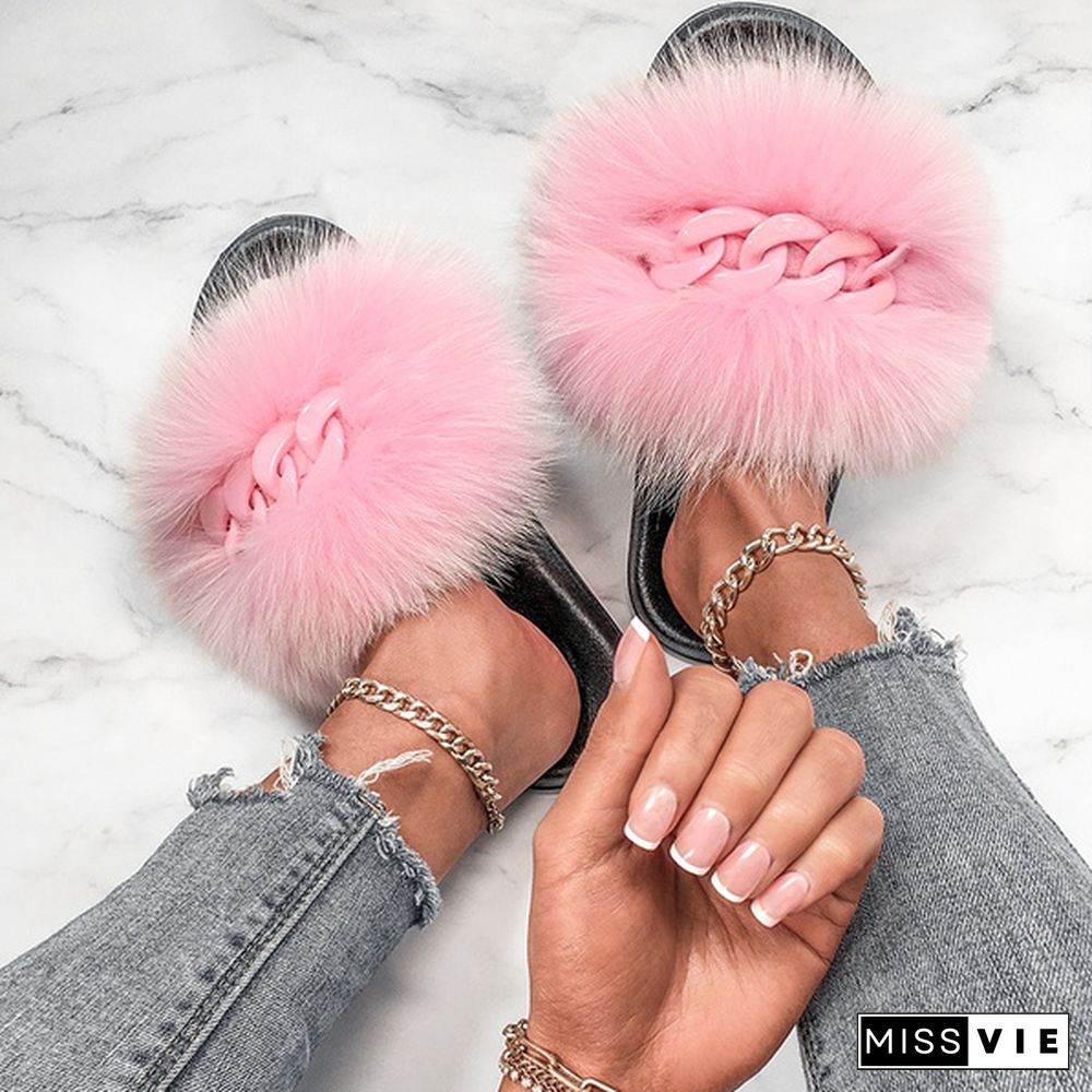 New Fashion Real Fox Fur Slippers For Women Fur Slides Summer Beach Fluffy Chain Fur Sandals Home Furry Flip Flop Plush Shoes Multicolor