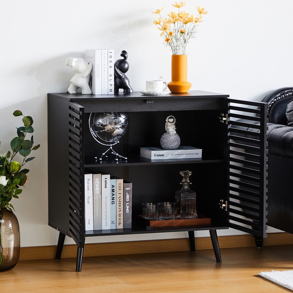 Black Sideboard Buffet Cabinet  Accent Storage Cabinet Kitchen Console Table with 2 Hollowed Out Doors