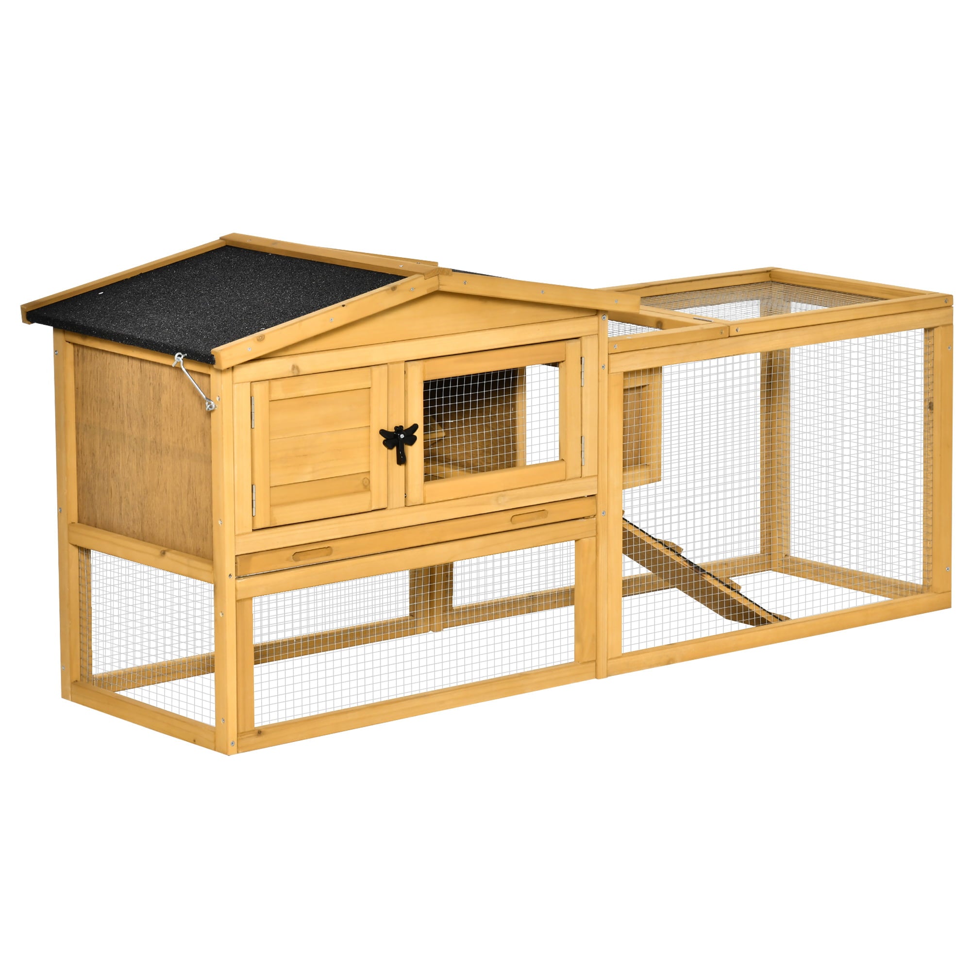 Pawhut Solid Wood Rabbit Hutch with 2 House Levels and Patio Space， Easy Clean