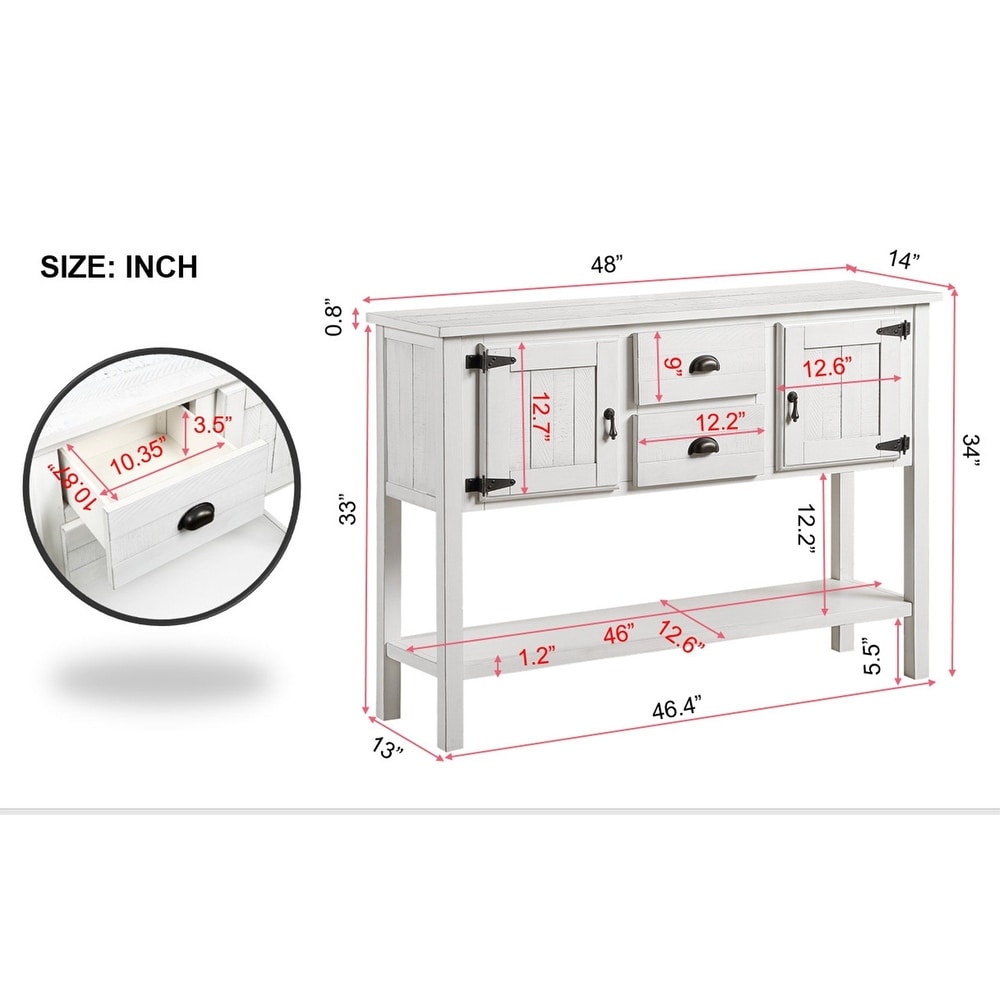 Solid Wood Buffet Console Table with 2 Drawers and Cabinets  White