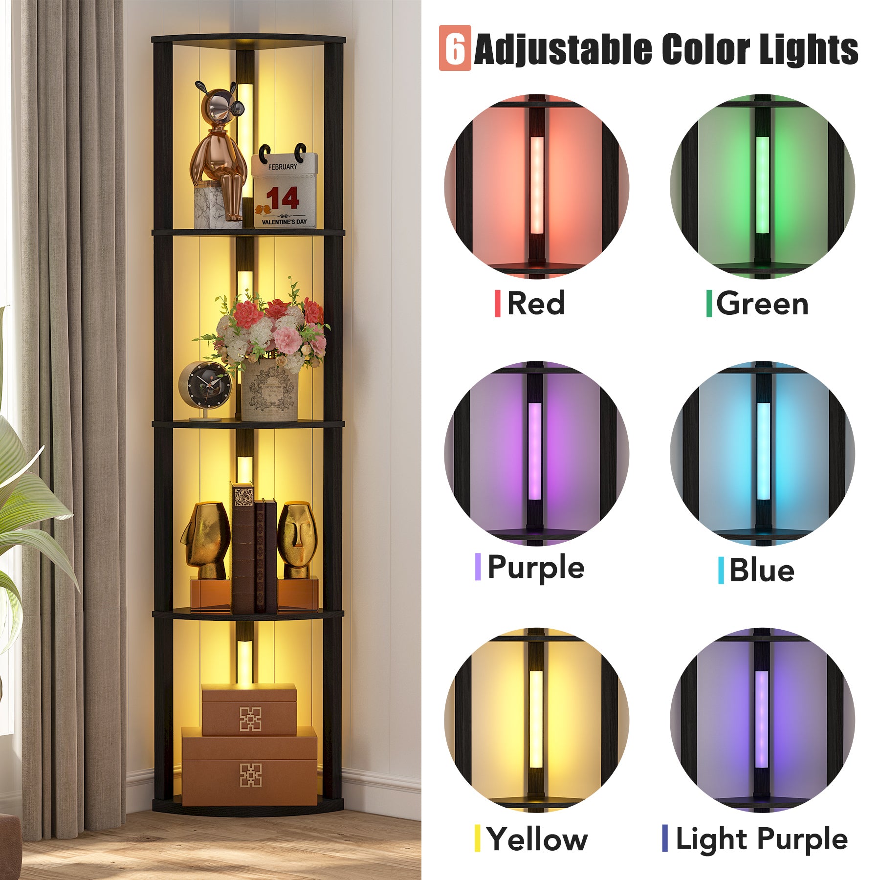 Corner Shelf, Corner Bookshelf Bookcase with 6 Color Lights