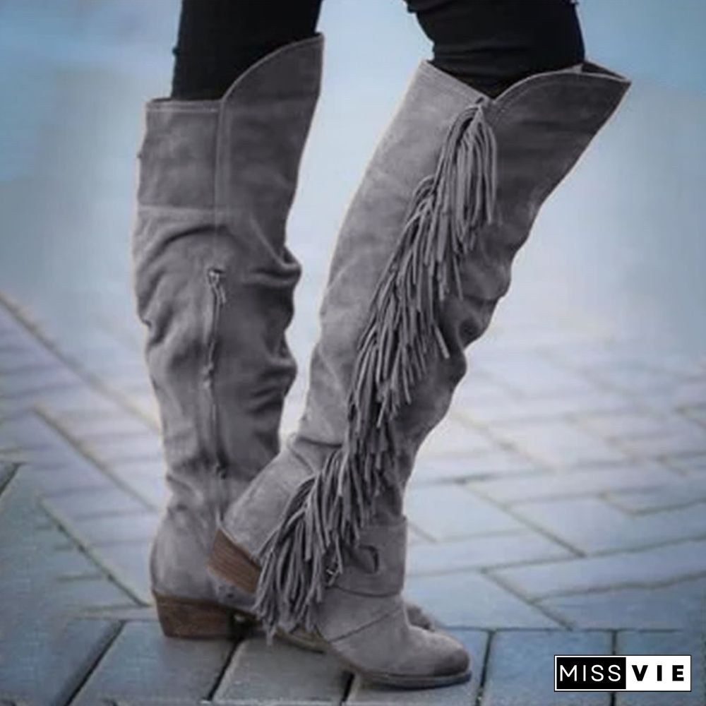 Low Heel Suede Winter Tassel Boots