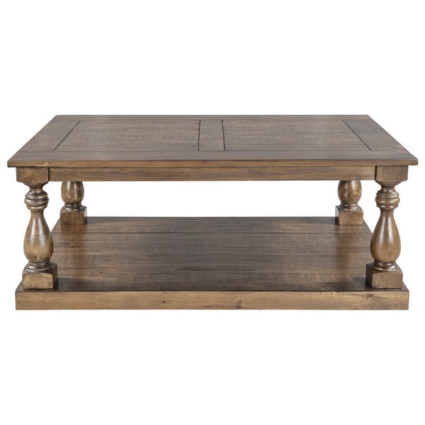 Rustic Solid Pine Wood Floor Shelf Coffee Table with Storage