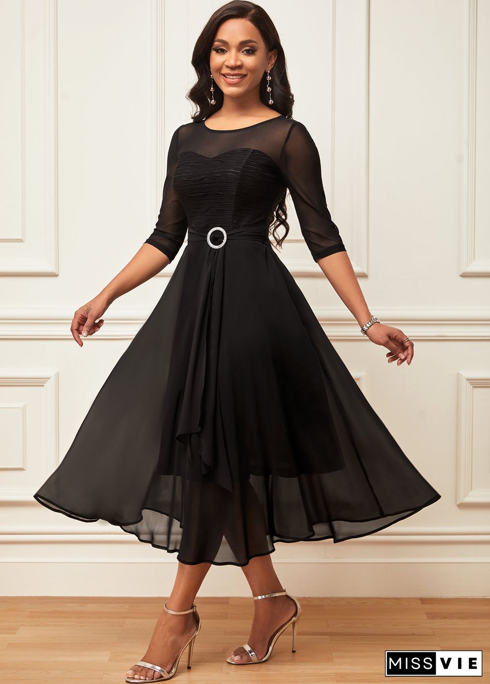 Layered Hem Chiffon 3/4 Sleeve Black Dress