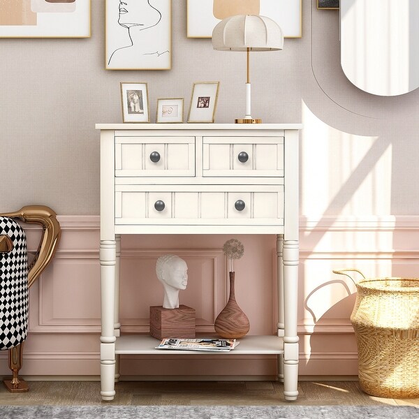 Narrow Console Table， Slim Sofa Table with Three Storage Drawers and Bottom Shelf