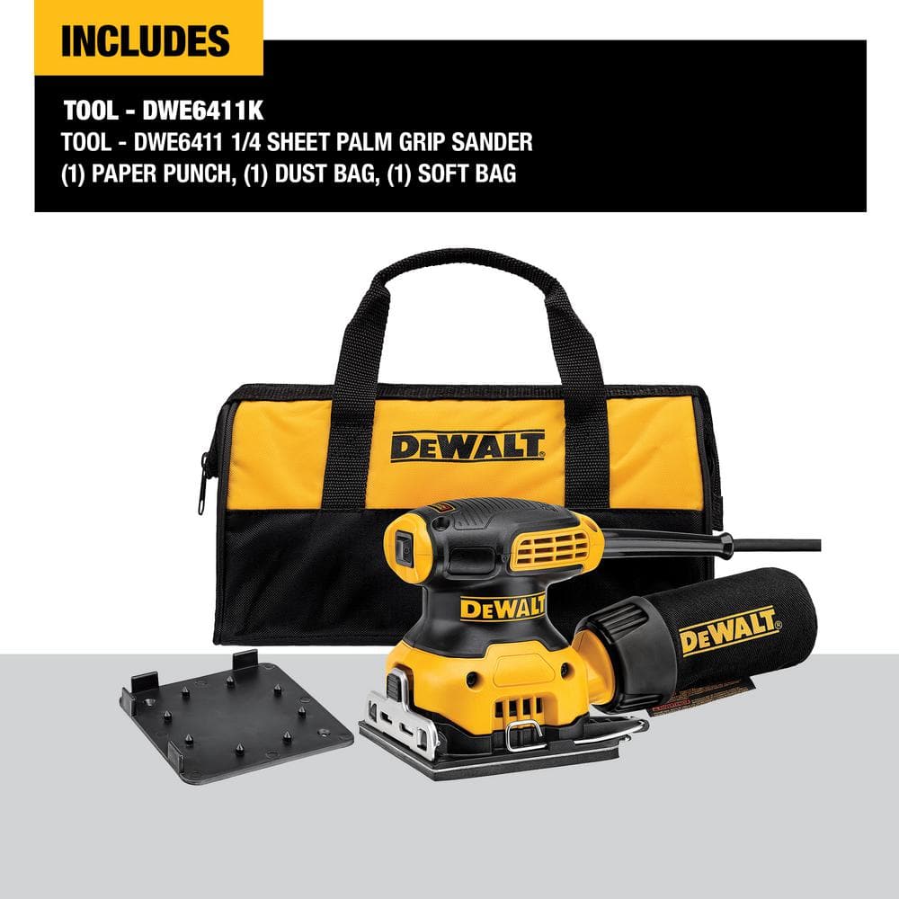 DEWALT 2.3 Amp Corded 1/4 Sheet Palm Grip Sander Kit with Contractor Bag DWE6411K