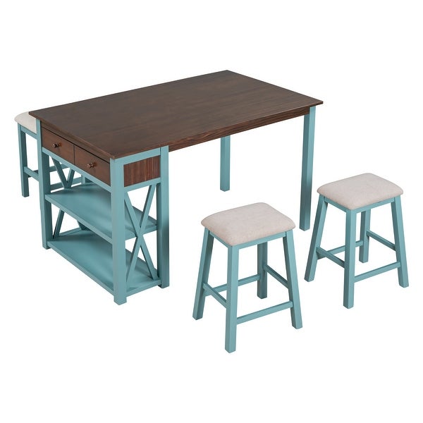 4-Piece Dining Table and Chair Set Counter Height with Storage Rack and Drawer with 2 Stools and Benches for Kitchen