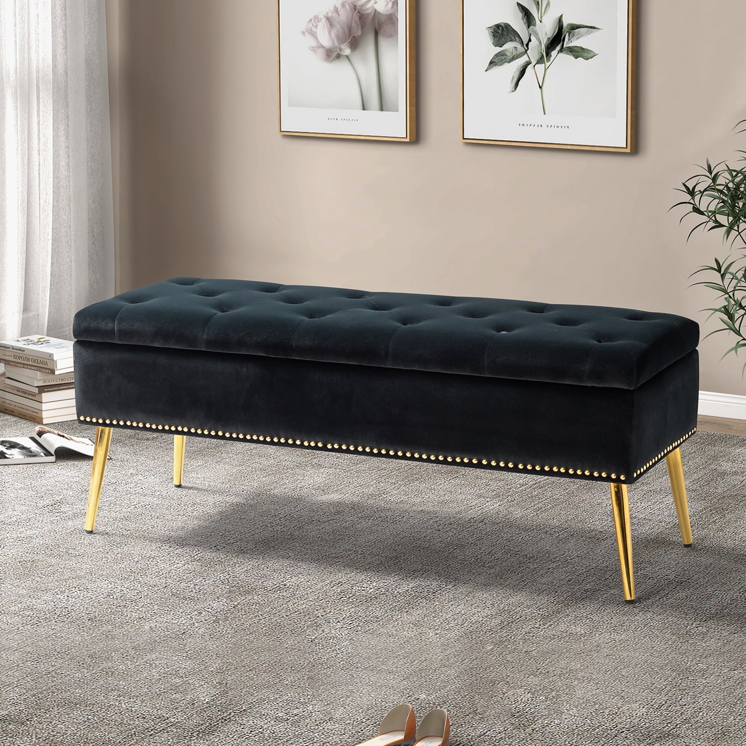 14 Karat Home Storage & Entryway Bench with Button-Tufted and Nailhead Trim for Bedroom, BLACK