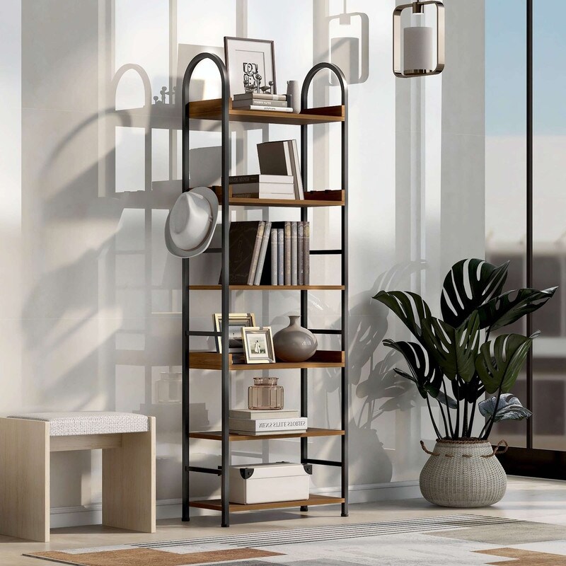 70.8 Inch Tall Bookshelf  6 tier Shelves with Round Top Frame