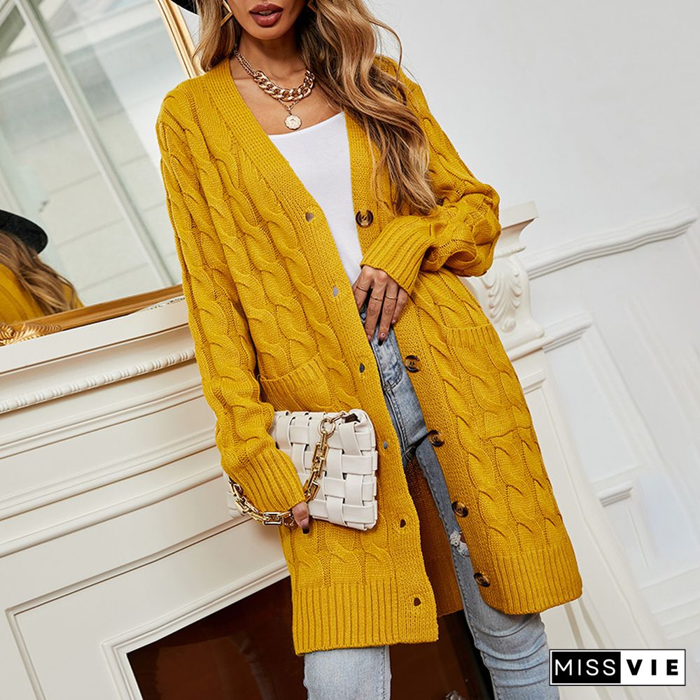 Casual Women Long Cardigan Sweater Jacket Winter New Solid V-neck Pocket Button Knitwear Vintage Twist Cardigans Women