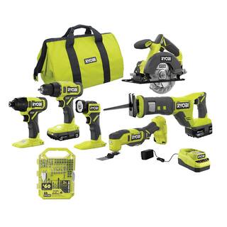 RYOBI ONE+ 18V Cordless 6-Tool Combo Kit with 1.5 Ah and 4.0 Ah Batteries Charger and 65-Piece Drill and Impact Drive Kit PCL1600K2-A986501