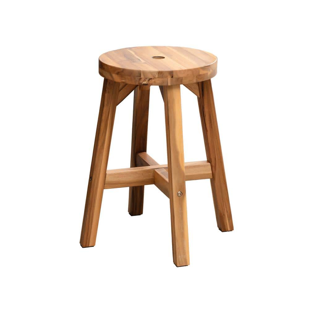 URTR 17.7 in. Brown Acacia Wood Stool with Footrest Round Accent Chair Bar Stool For Dining, Indoor and Outdoor  (Set of 1) HY01818Y